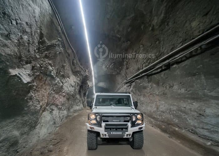 Mining tunnel with jeep and waterproof LED strip lighting