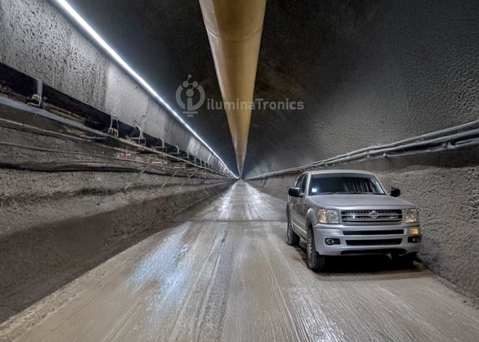 Underground mining tunnel with truck and Iluminatronics LED strip lighting
