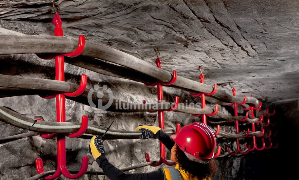 LED strip installation on steel cable catenary in mining tunnel