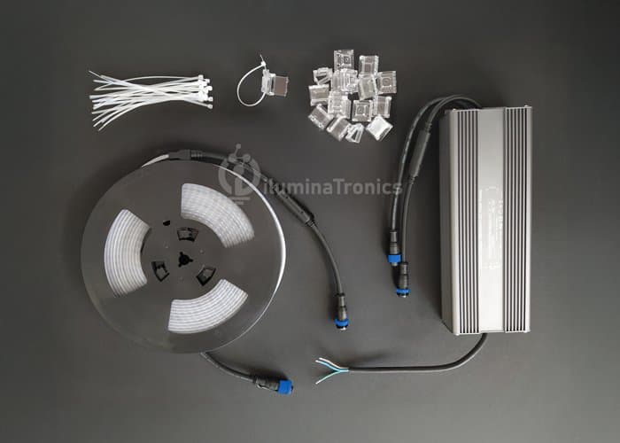 48V LED strip set with mounting accessories and clips