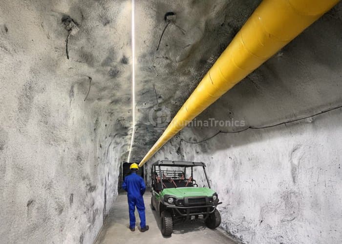 Underground mining tunnel illuminated with 48V LED strip lighting