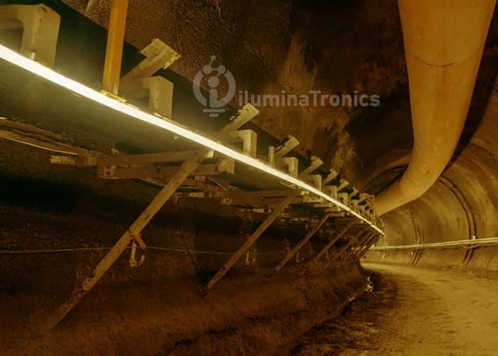 Mining tunnel with underground truck and amber LED strip lighting